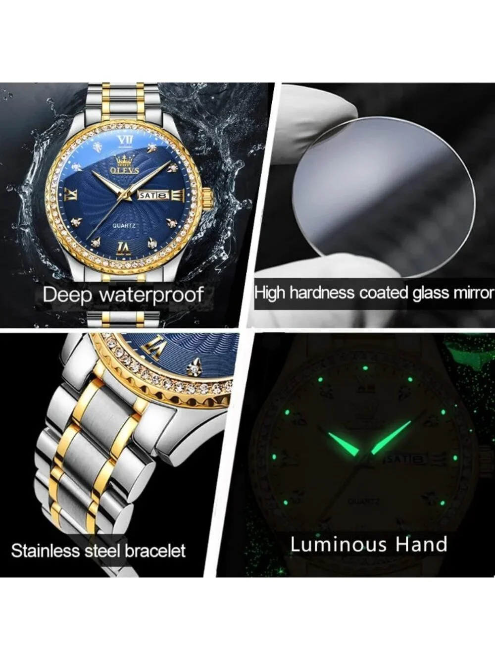 Men's Gold Blue Big Dial Analog Quartz Stainless Steel Relojes Waterproof Watch